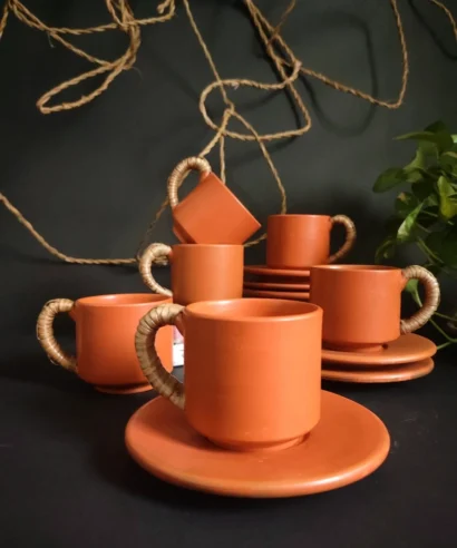 Handmade terracotta tea cup with saucer set of 6, rustic clay tea cups